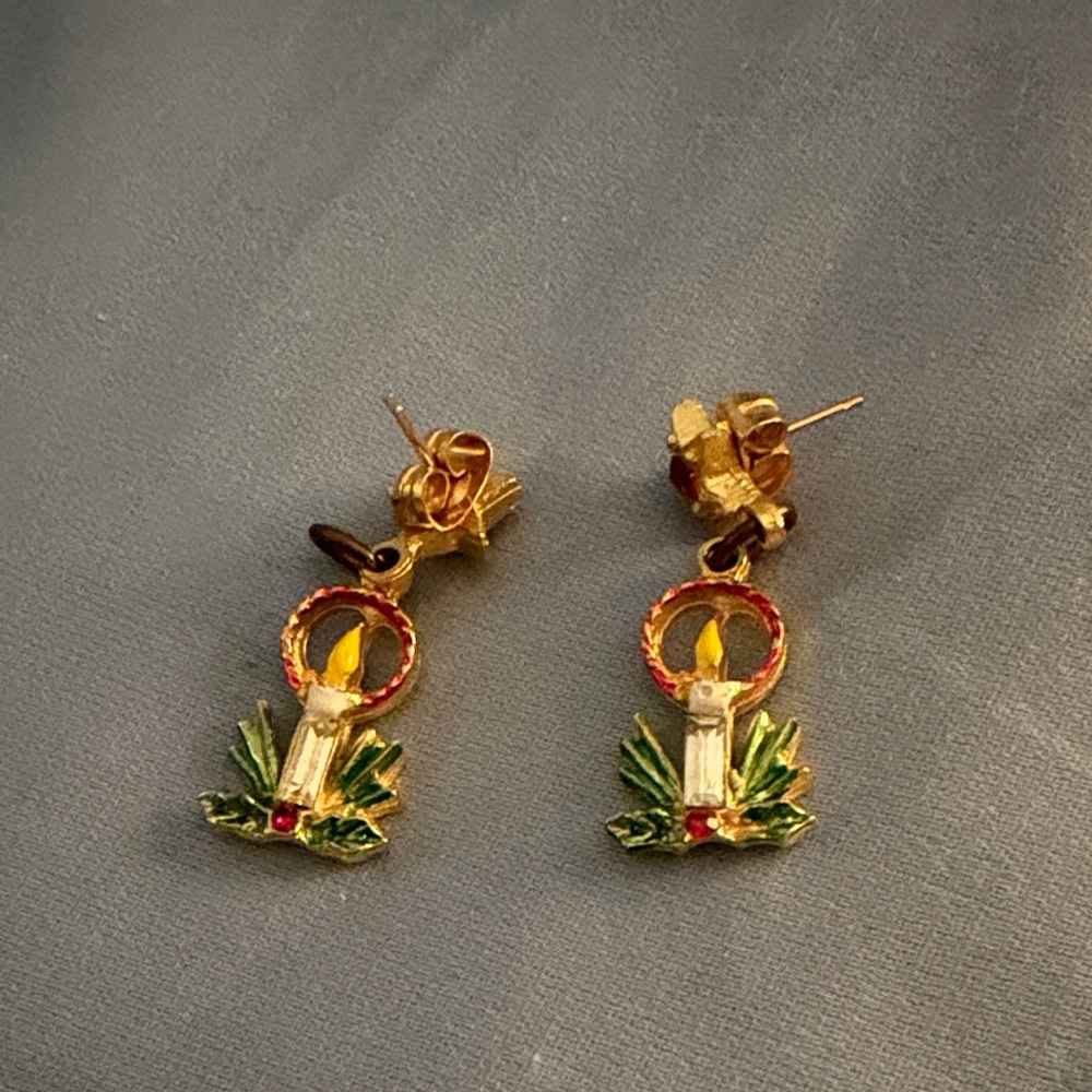 Christmas earrings - Gold and Green Candle Pierced Earrings.